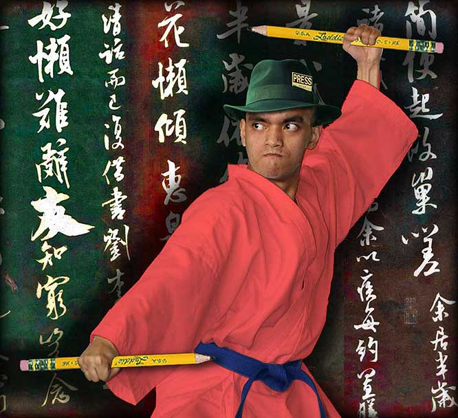 Ninja with a fedora and press pass wielding two pencils a weapons.