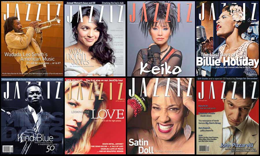 Eight JAZZIZ magazine covers from the past.