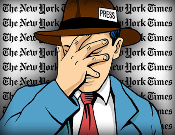 Illustration of New York Times reporter with his hand over his face.