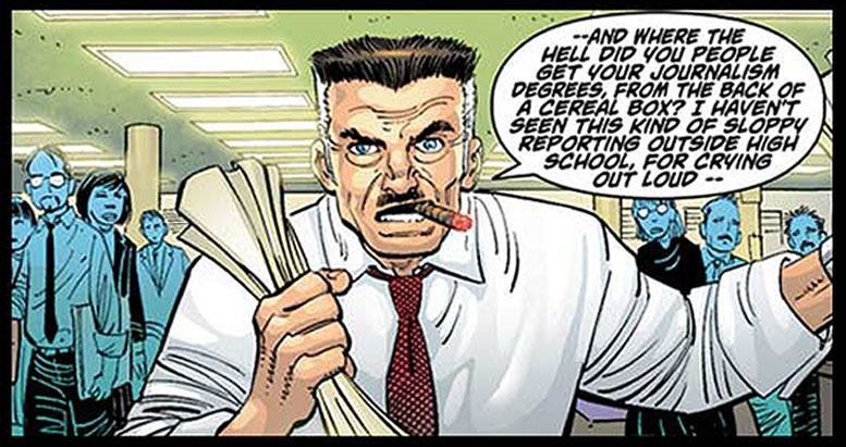 Panel from a Spiderman comic showing J. Jonah Jameson complaining about his staff sucking