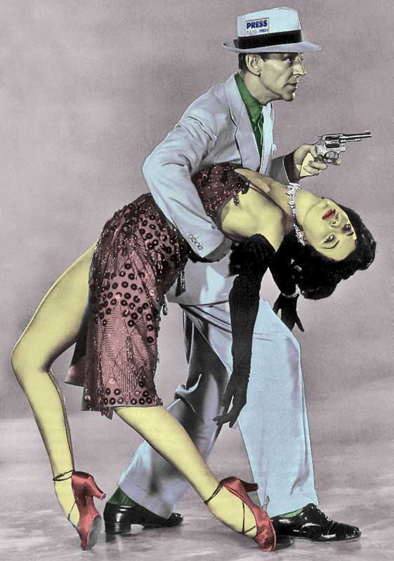 Fred Astair as a gangster, with pistol and holding a woman.