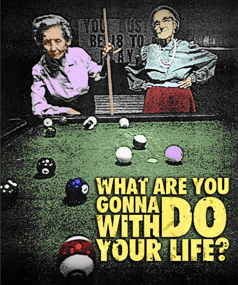 An illustration of two old ladies playing pool