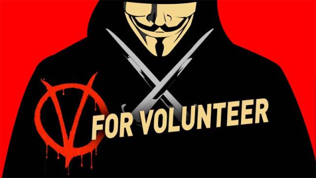 An illustration of V for Vendetta altered to V for Volunteer