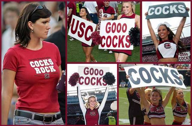 A collage of photos of young women holding up signs that say, "Gooo Cocks."