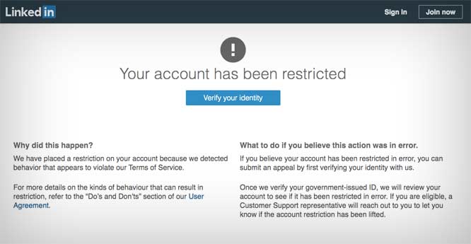 LinkedIn notice of Michael Koretzky's account being restricted