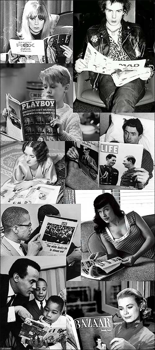 collage of celebrities reading magazines