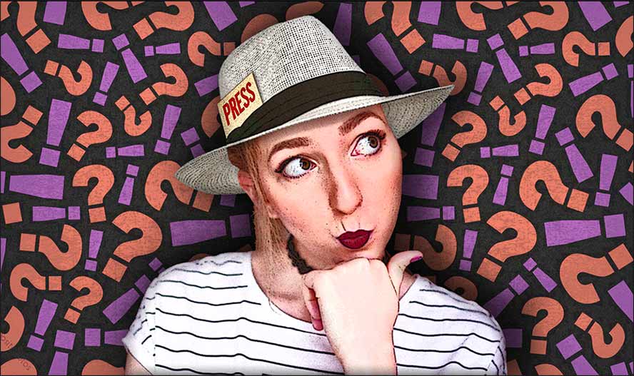 Woman reporter amid a field of question marks