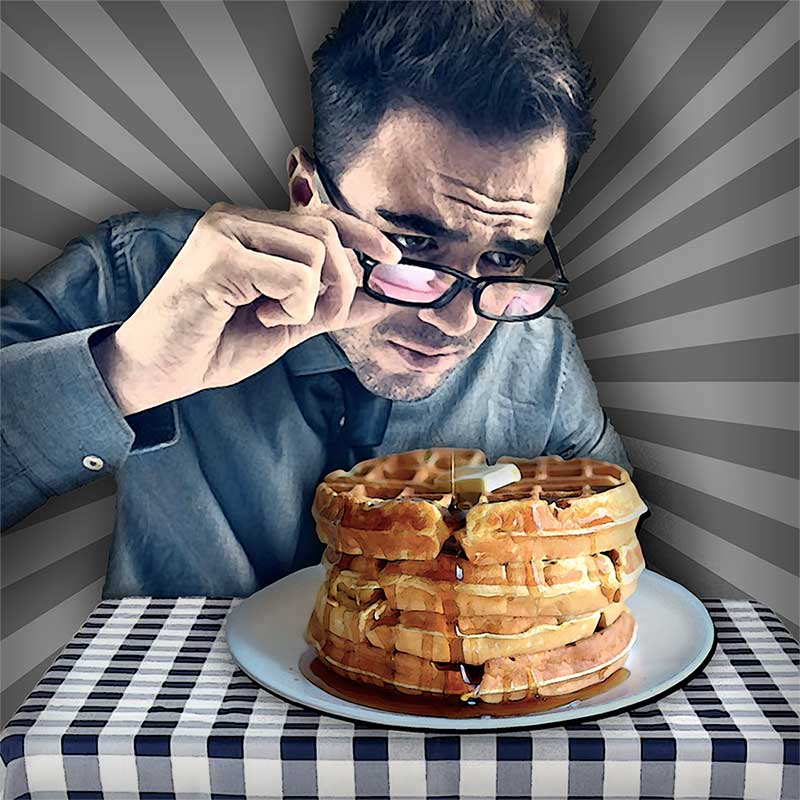 Illustration of a New York elitist studying pancakes